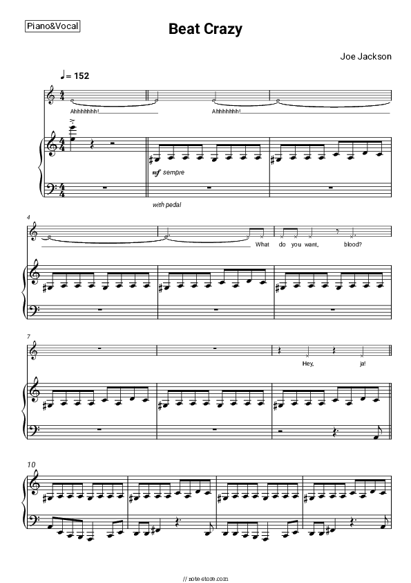 Beat Crazy - Joe Jackson Piano Sheet Music with the Voice part - Piano&Vocal