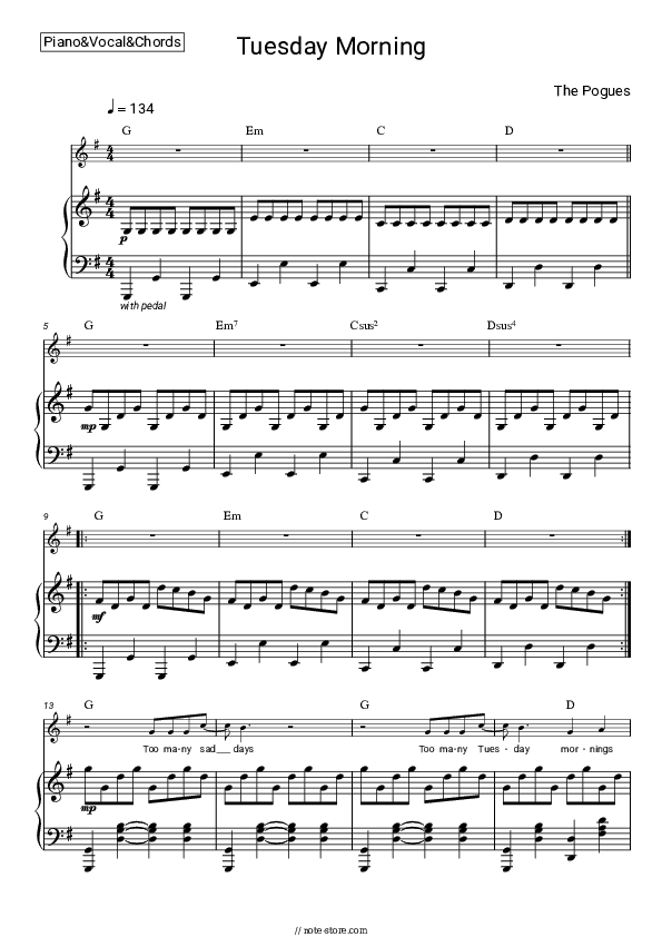 Tuesday Morning - The Pogues Piano Sheet Music with the Vocal and Chords - Piano&Vocal&Chords