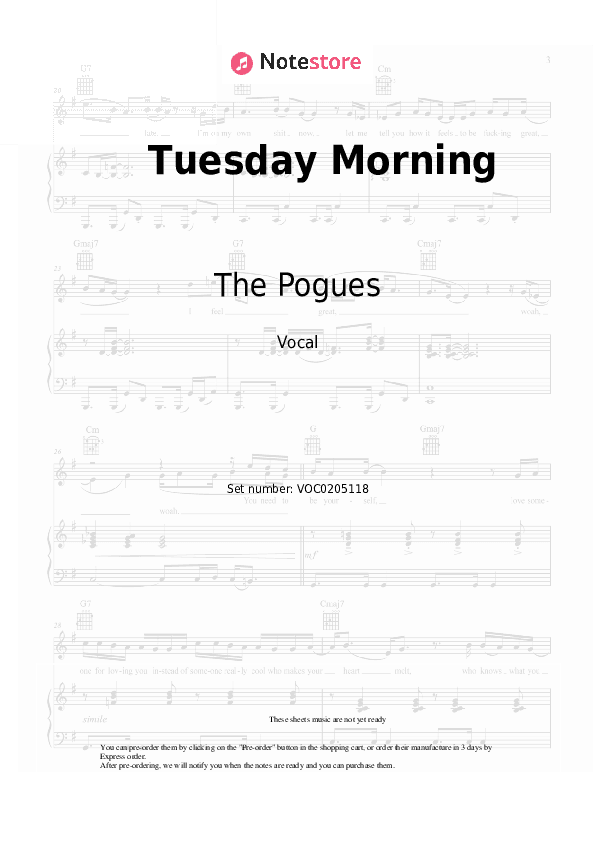 Tuesday Morning - The Pogues Vocal Sheet Music - Vocal