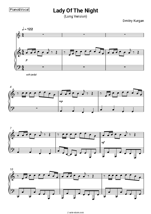 Lady Of The Night (Long Version) - Dmitry Kurgan Piano Sheet Music with the Voice part - Piano&Vocal