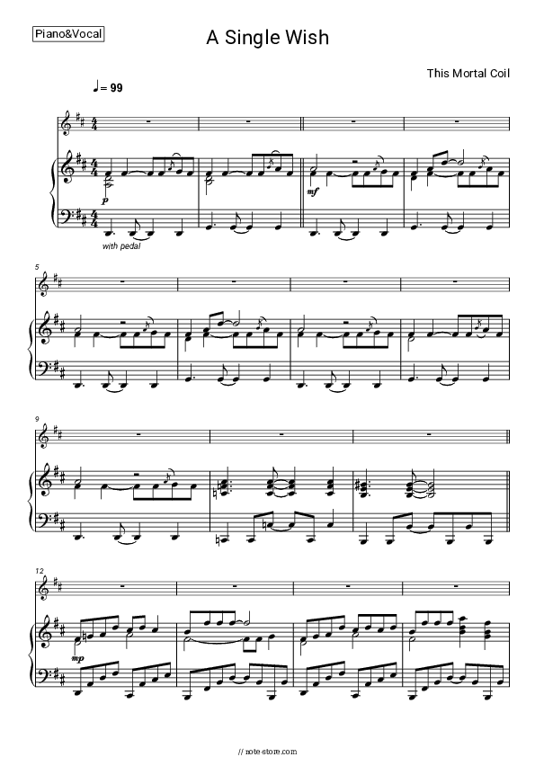 A Single Wish - This Mortal Coil Piano Sheet Music with the Voice part - Piano&Vocal