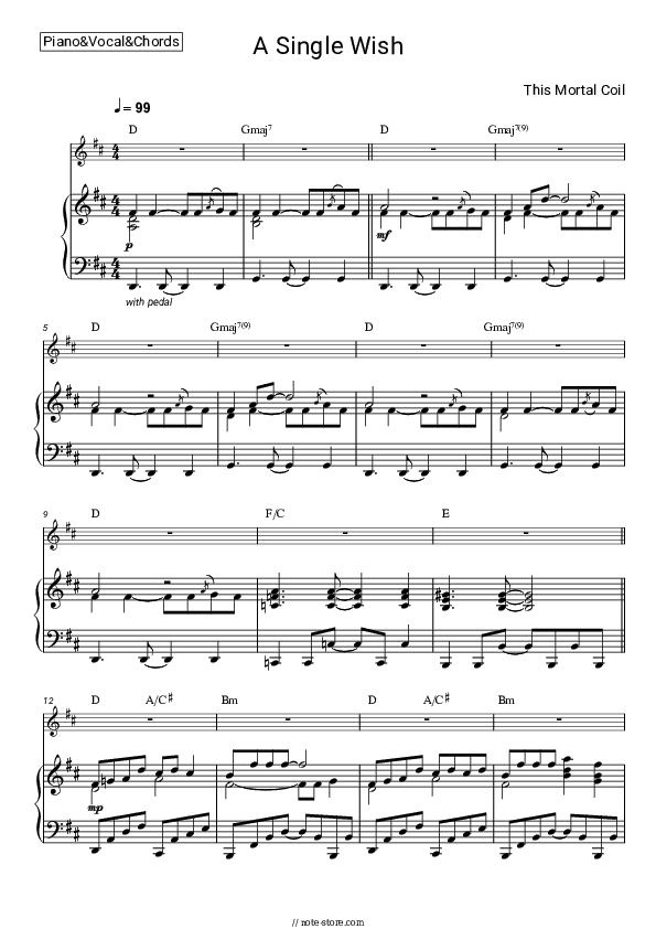 A Single Wish - This Mortal Coil Piano Sheet Music with the Vocal and Chords - Piano&Vocal&Chords