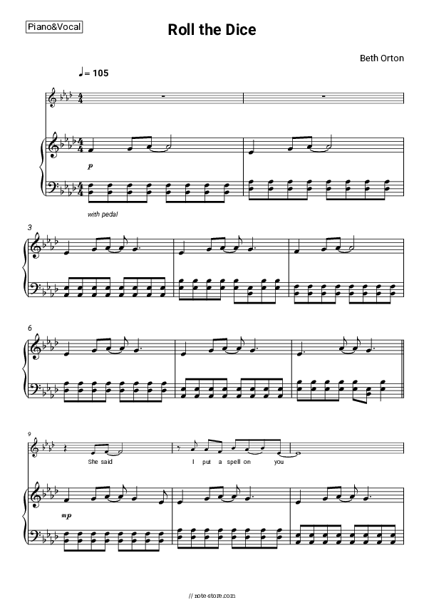 Roll the Dice - Beth Orton Piano Sheet Music with the Voice part - Piano&Vocal