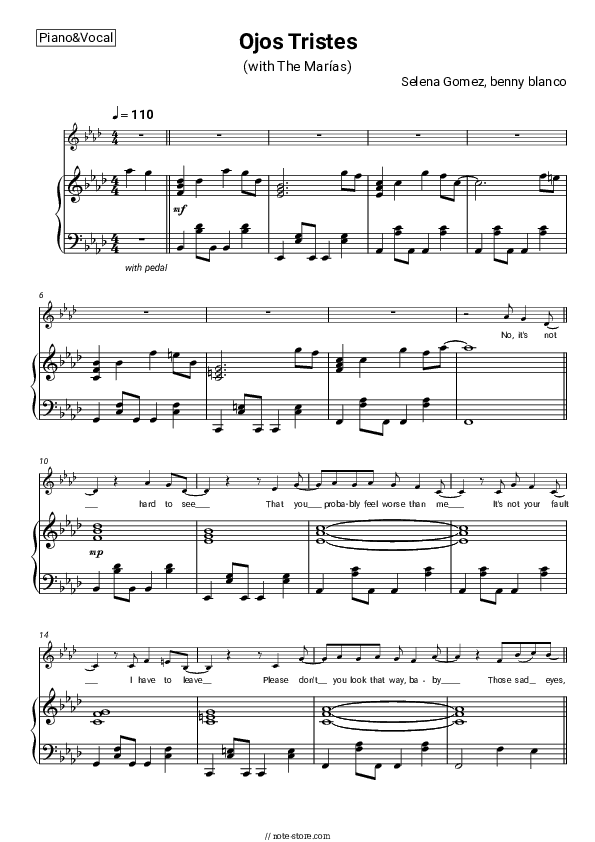 Ojos Tristes - Selena Gomez, Benny Blanco Piano Sheet Music with the Voice part - Piano&Vocal