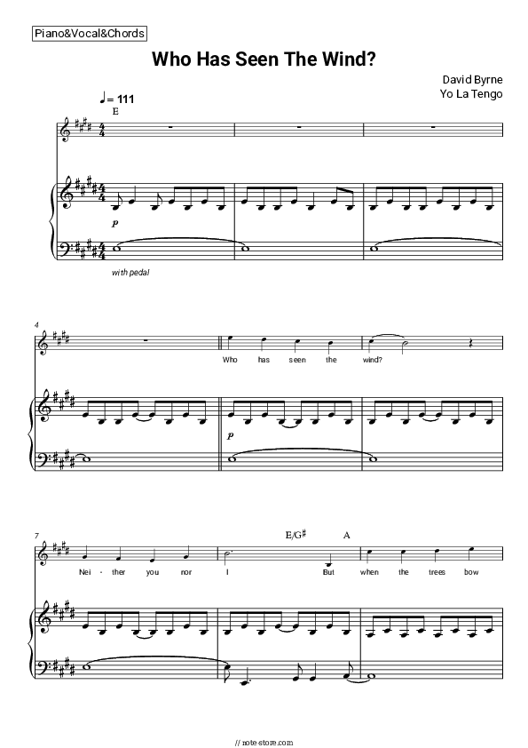 Who Has Seen The Wind? - David Byrne, Yo La Tengo Piano Sheet Music with the Vocal and Chords - Piano&Vocal&Chords
