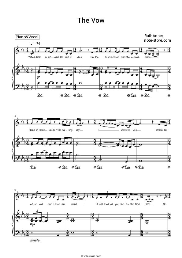 The Vow - RuthAnne Piano Sheet Music with the Voice part - Piano&Vocal