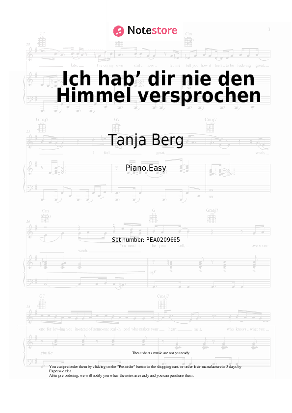 Ich hab’ dir nie den Himmel versprochen - Tanja Berg Piano Sheet Music Easy - Piano.Easy