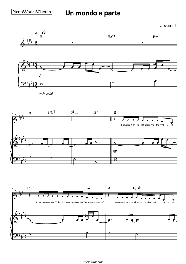 Un mondo a parte - Jovanotti Piano Sheet Music with the Vocal and Chords - Piano&Vocal&Chords