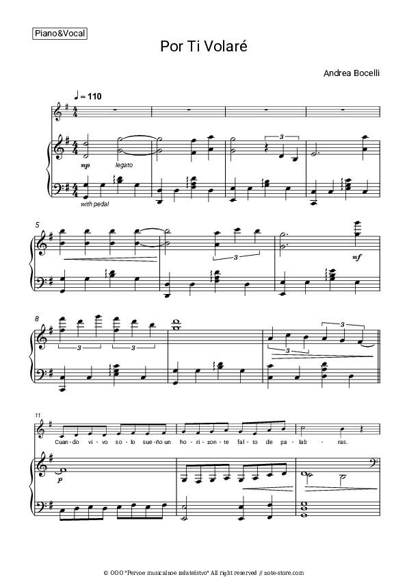 Por Ti Volaré (Con Te Partiro) - Andrea Bocelli Piano Sheet Music with the Voice part - Piano&Vocal