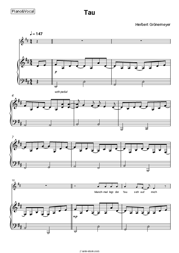 Tau - Herbert Grönemeyer Piano Sheet Music with the Voice part - Piano&Vocal