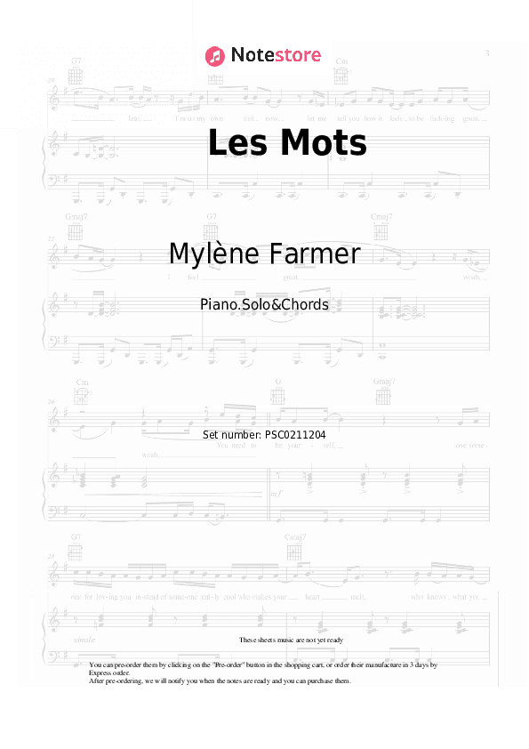 Les Mots - Mylène Farmer, Seal Piano Sheet Music and Chords - Piano.Solo&Chords
