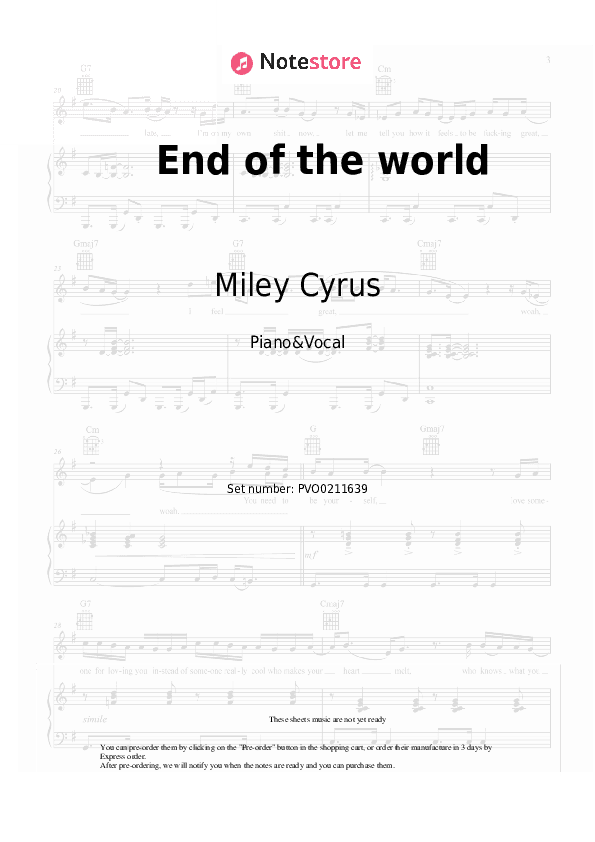 End of the world - Miley Cyrus Piano Sheet Music with the Voice part - Piano&Vocal