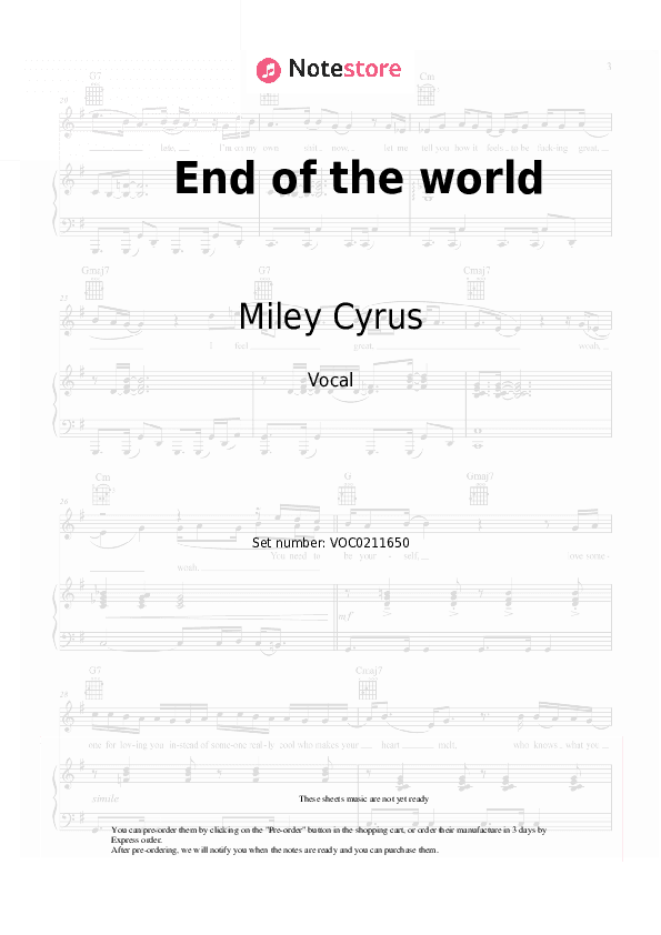 End of the world - Miley Cyrus Vocal Sheet Music - Vocal