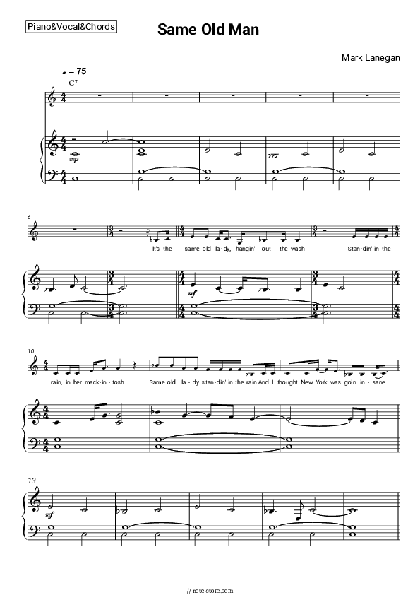 Same Old Man - Mark Lanegan Piano Sheet Music with the Vocal and Chords - Piano&Vocal&Chords