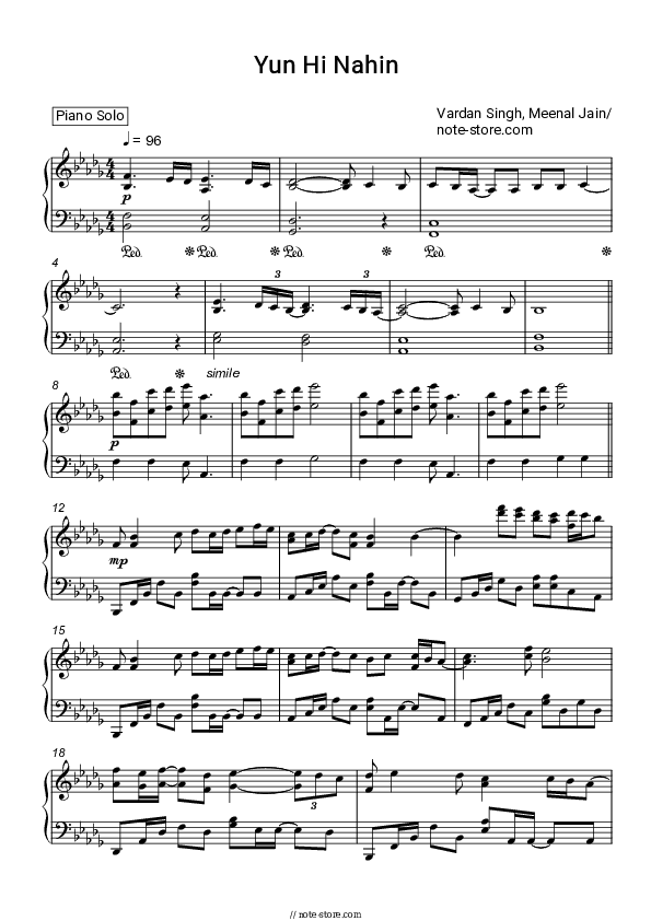 Yun Hi Nahin - Vardan Singh, Meenal Jain Piano Sheet Music - Piano.Solo