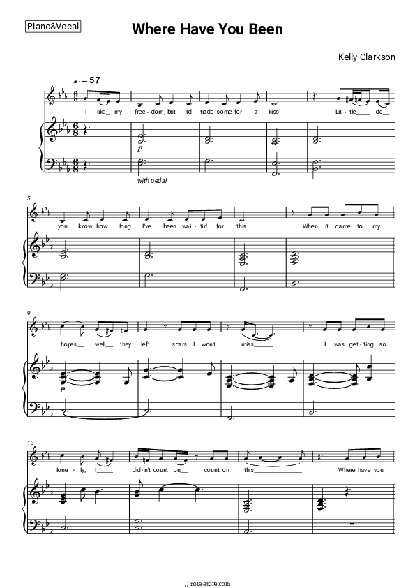 Where Have You Been - Kelly Clarkson Piano Sheet Music with the Voice part - Piano&Vocal