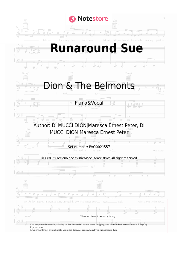 Runaround Sue - Dion & The Belmonts Piano Sheet Music with the Voice part - Piano&Vocal