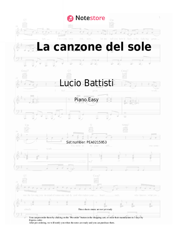 La canzone del sole - Lucio Battisti Piano Sheet Music Easy - Piano.Easy