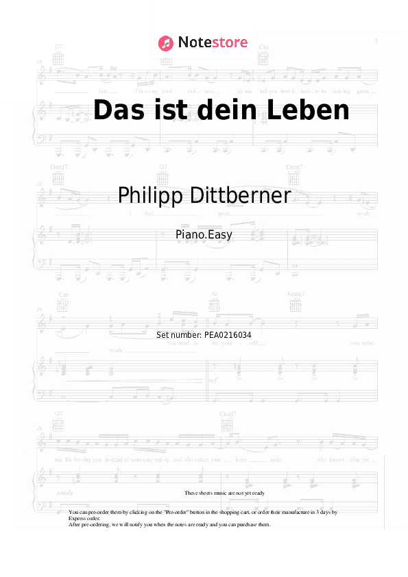 Das ist dein Leben - Philipp Dittberner Piano Sheet Music Easy - Piano.Easy