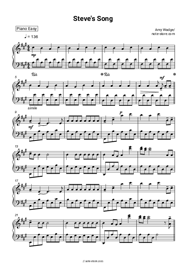 Steve's Song - Amy Wadge Piano Sheet Music Easy - Piano.Easy