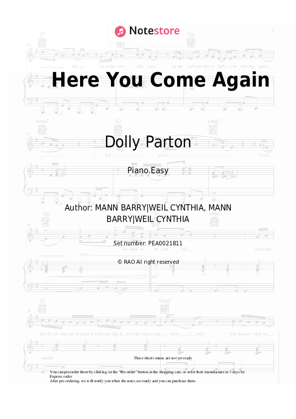 Here You Come Again - Dolly Parton Piano Sheet Music Easy - Piano.Easy