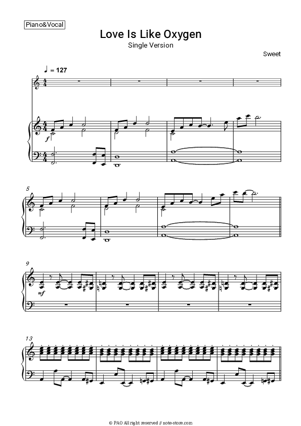 Love Is Like Oxygen - Sweet Piano Sheet Music with the Voice part - Piano&Vocal