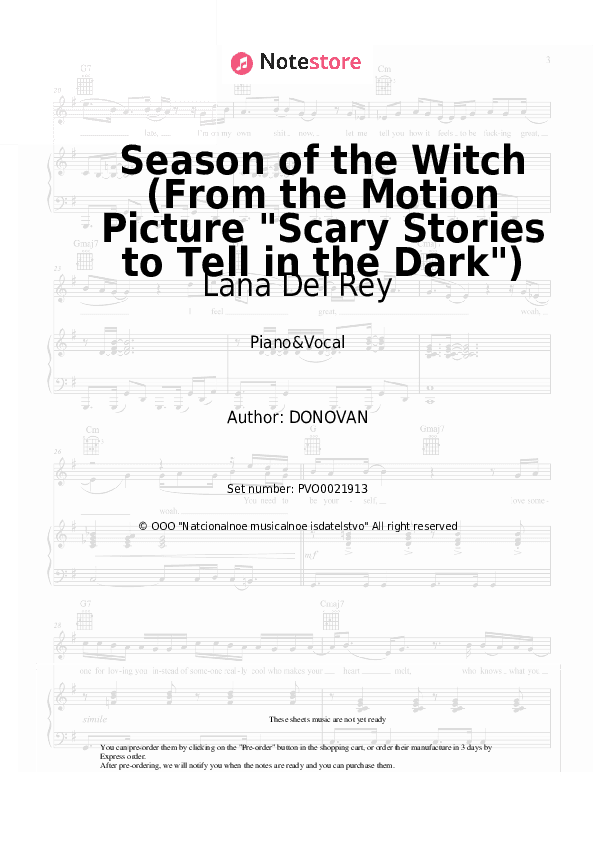 Season of the Witch (From the Motion Picture Scary Stories to Tell in the Dark) - Lana Del Rey Piano Sheet Music with the Voice part - Piano&Vocal