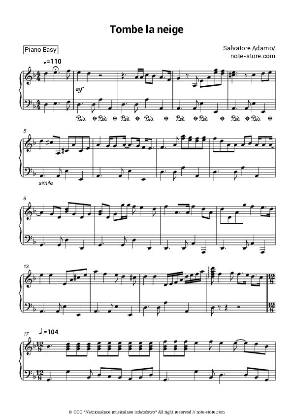 Tombe la neige - Salvatore Adamo Piano Sheet Music Easy - Piano.Easy