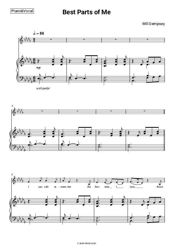 Best Parts of Me - Will Dempsey Piano Sheet Music with the Voice part - Piano&Vocal