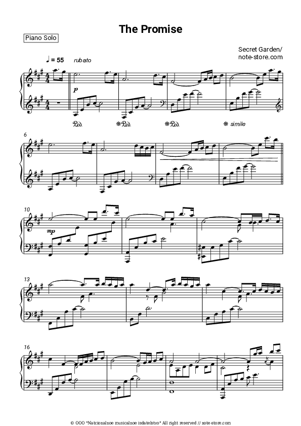The Promise - Secret Garden Piano Sheet Music - Piano.Solo