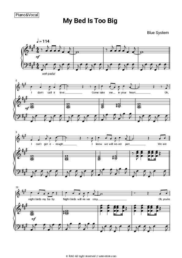 My Bed Is Too Big - Blue System Piano Sheet Music with the Voice part - Piano&Vocal