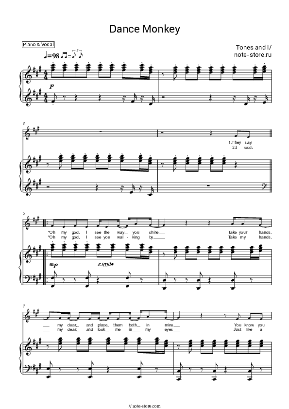 Dance Monkey - Tones and I Piano Sheet Music with the Voice part - Piano&Vocal