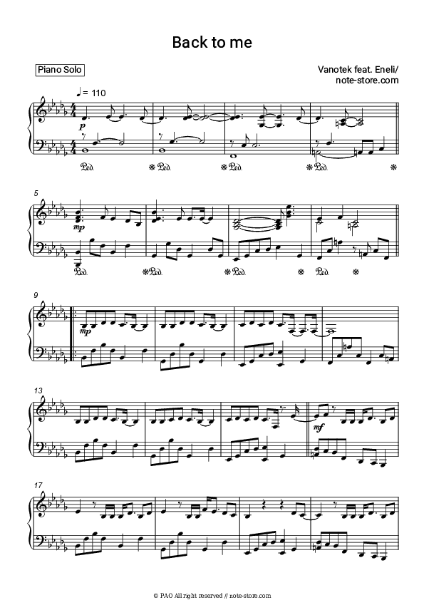 Back to Me - Vanotek, Eneli Piano Sheet Music - Piano.Solo