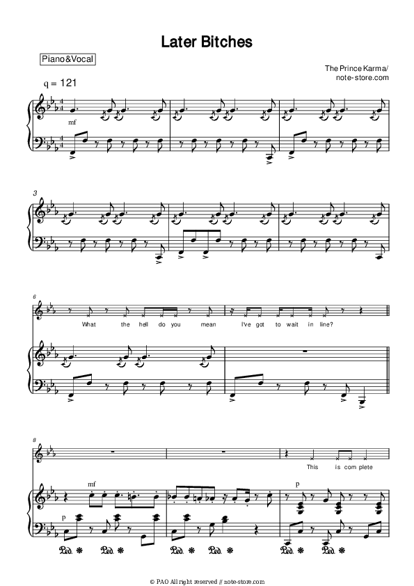 Later Bitches - The Prince Karma Piano Sheet Music with the Voice part - Piano&Vocal