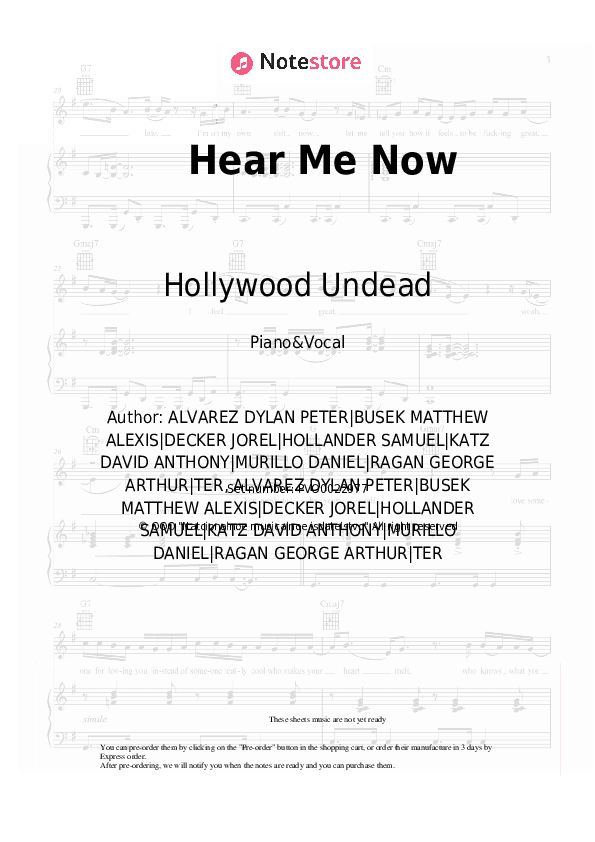 Hear Me Now - Hollywood Undead Piano Sheet Music with the Voice part - Piano&Vocal