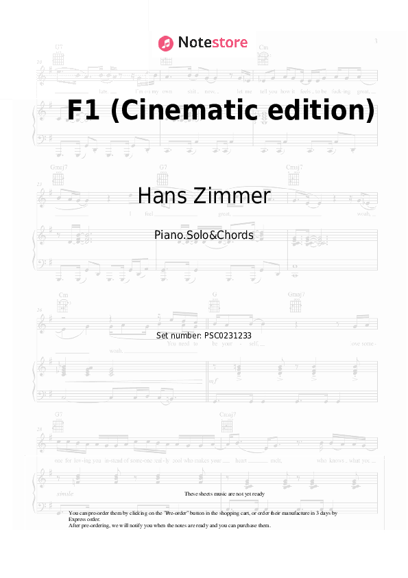 F1 (Cinematic edition) - Hans Zimmer Piano Sheet Music and Chords - Piano.Solo&Chords