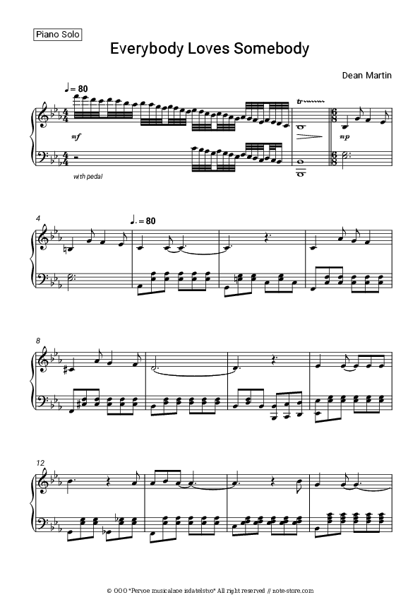 Everybody Loves Somebody - Dean Martin Piano Sheet Music - Piano.Solo