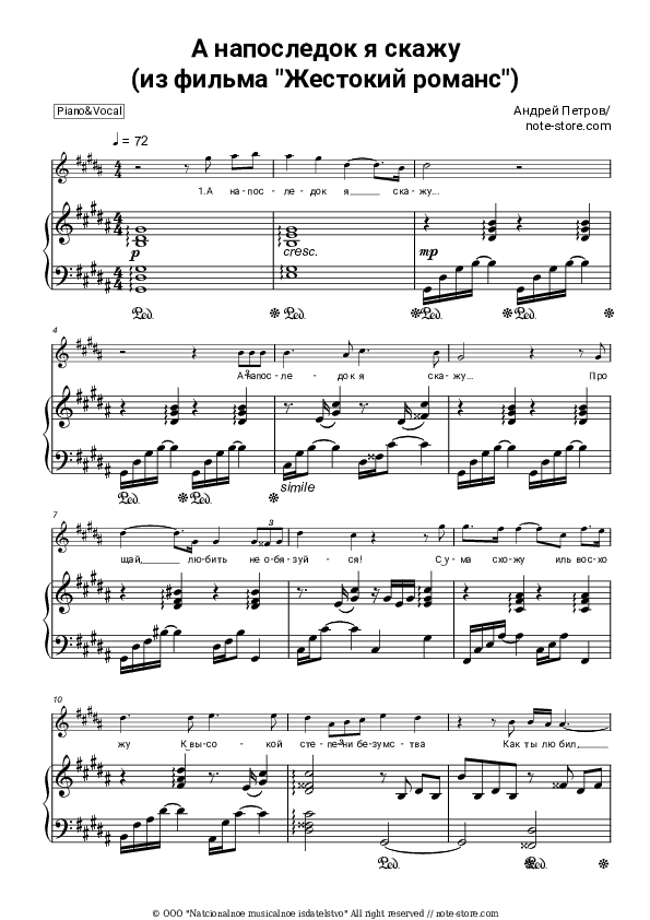 А напоследок я скажу (из фильма Жестокий романс) - Andrey Petrov Piano Sheet Music with the Voice part - Piano&Vocal