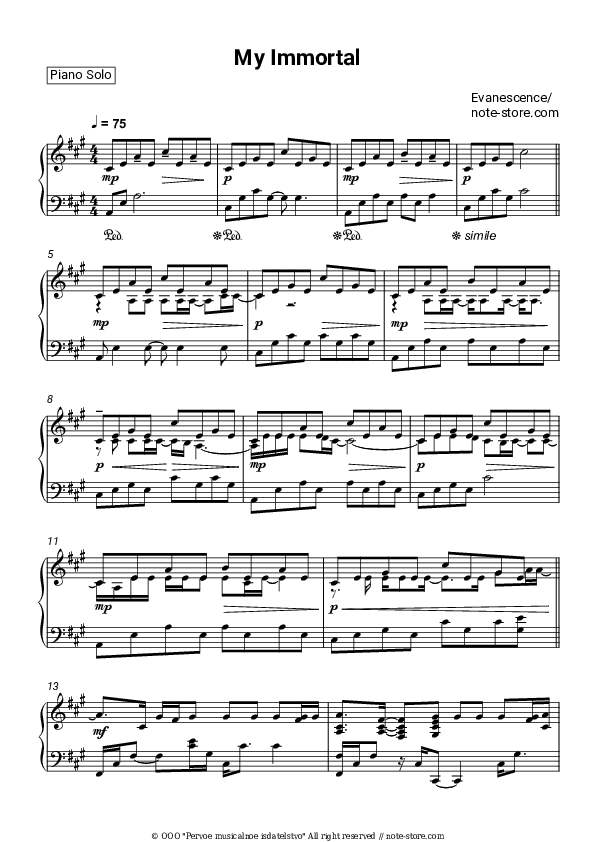 My immortal - Evanescence Piano Sheet Music - Piano.Solo