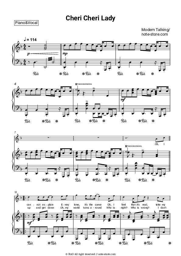 Cheri Cheri Lady - Modern Talking Piano Sheet Music with the Voice part - Piano&Vocal