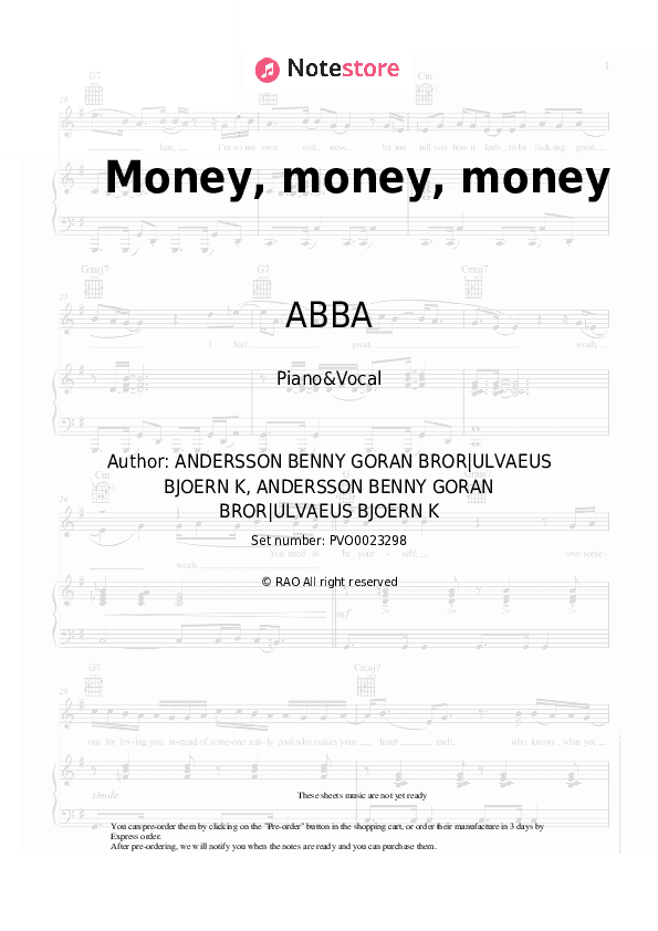 Money, money, money - ABBA Piano Sheet Music with the Voice part - Piano&Vocal