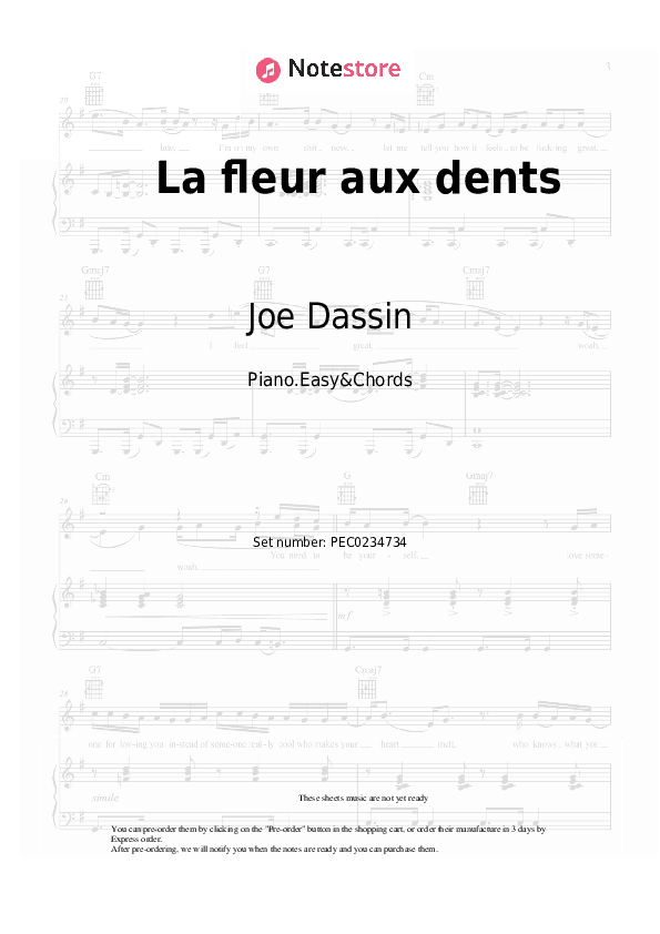 La fleur aux dents - Joe Dassin Sheet Music Easy and Chords - Piano.Easy&Chords