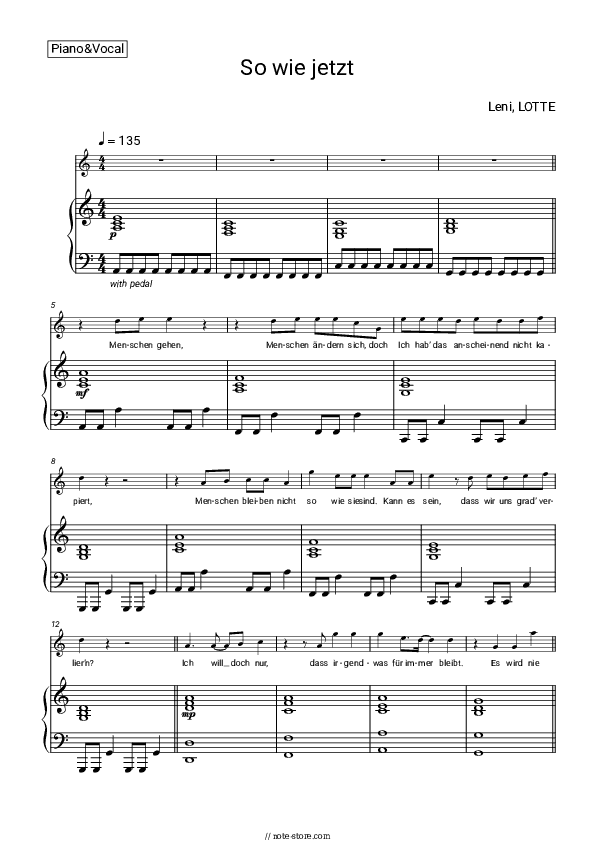 So wie jetzt (feat. LOTTE) - Leni Piano Sheet Music with the Voice part - Piano&Vocal