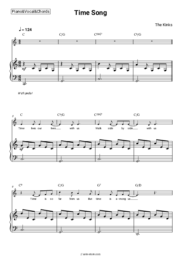 Time Song - The Kinks Piano Sheet Music with the Vocal and Chords - Piano&Vocal&Chords