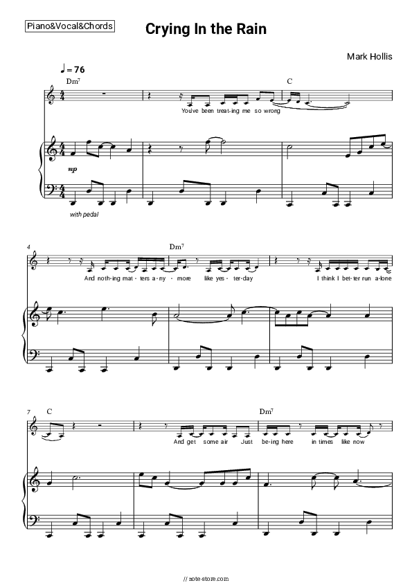 Crying In the Rain - Mark Hollis Piano Sheet Music with the Voice part - Piano&Vocal