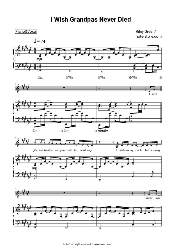 I Wish Grandpas Never Died - Riley Green Piano Sheet Music with the Voice part - Piano&Vocal