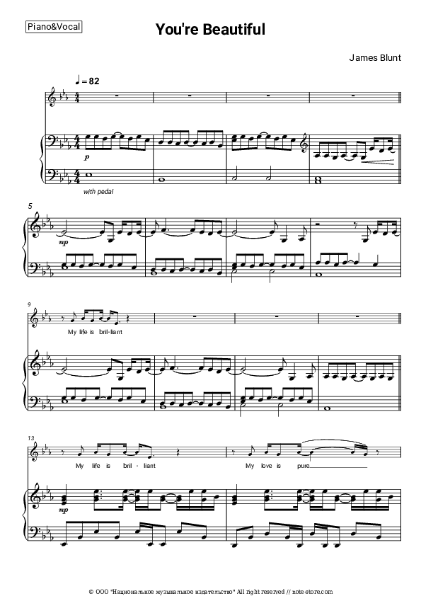 You're Beautiful - James Blunt Piano Sheet Music with the Voice part - Piano&Vocal