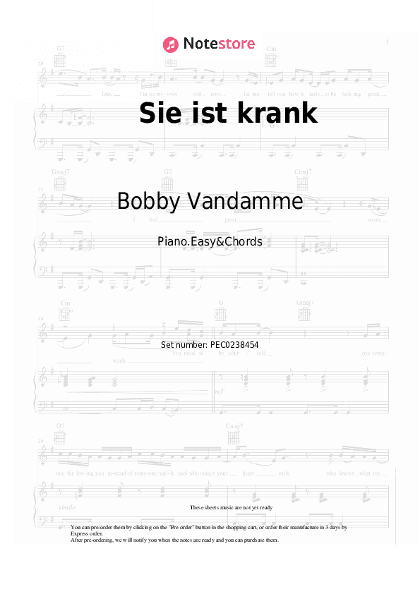 Sie ist krank - Bobby Vandamme Sheet Music Easy and Chords - Piano.Easy&Chords