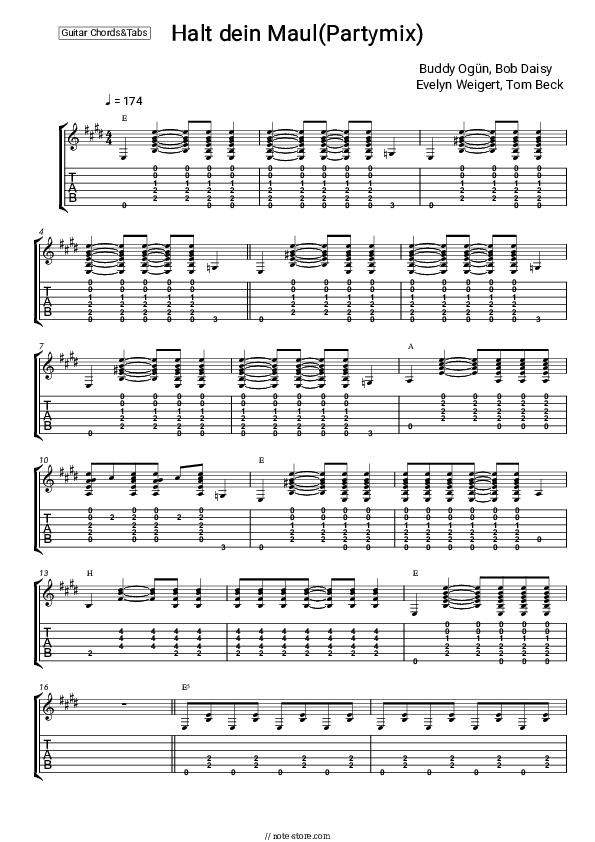 Halt dein Maul (Partymix) - Buddy Ogün, Bob Daisy, Evelyn Weigert, Tom Beck Chords and Tabs - Guitar.Chords&Tabs