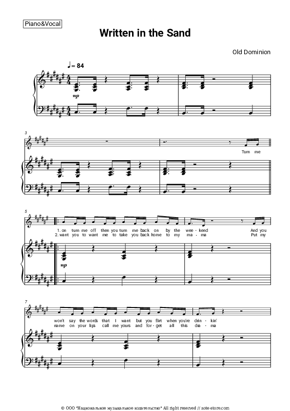 Written in the Sand - Old Dominion Piano Sheet Music with the Voice part - Piano&Vocal